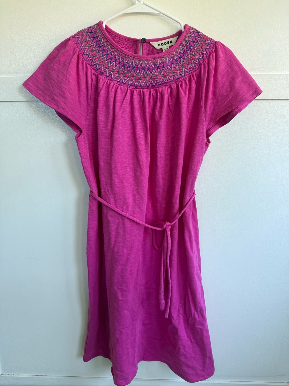 Boden Nina Smocked T-Shirt Dress Pink Cotton Short Sleeve Embroidered Size 6 - Picture 6 of 13